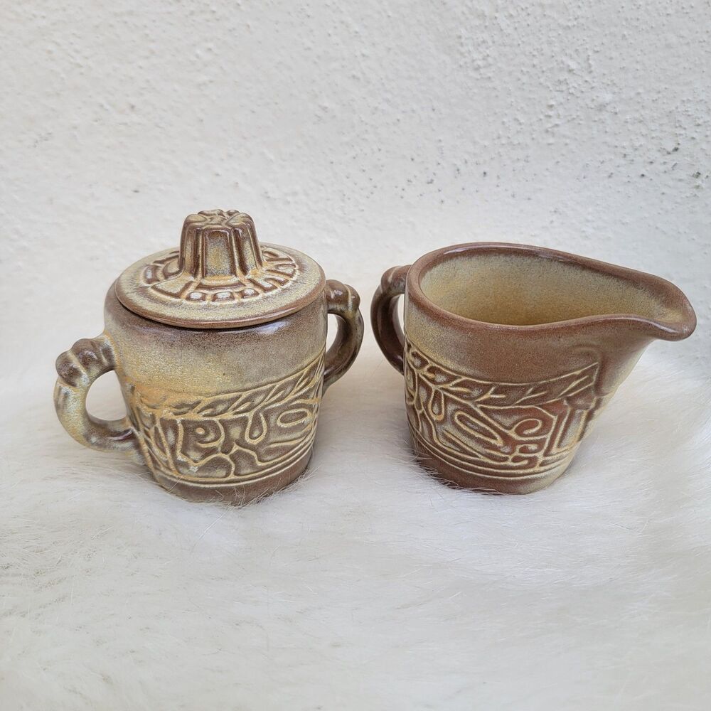 vintageFrankoma Pottery Mayan Aztec Brown Creamer & Lidded Sugar 7A 7B